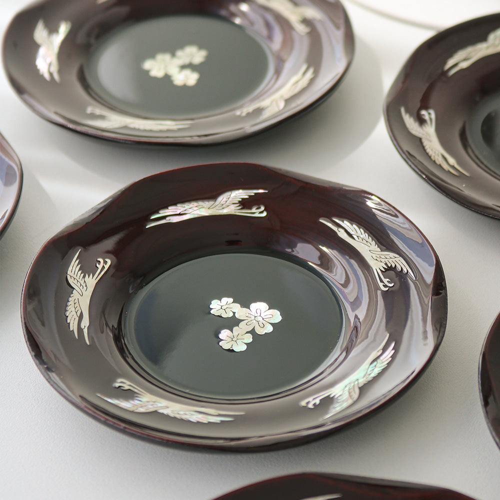 6-Piece Set: Najeonchilgi 5 Crane Tea Coaster Set Mother of Pearl Coaster Traditional Coaster (Master Artisan Lee Won-geun)
