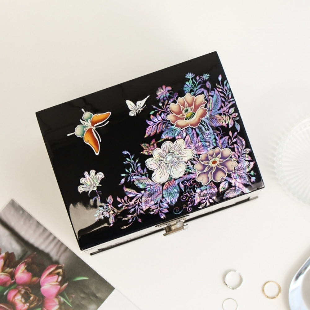 Najeonchilgi 1-Tier Drawer Vanity Mirror Mother of Pearl Jewelry Box (Ottchil Lacquer Painted Peony) Jewelry Box (Master Artisan Hong Seok-pyo)