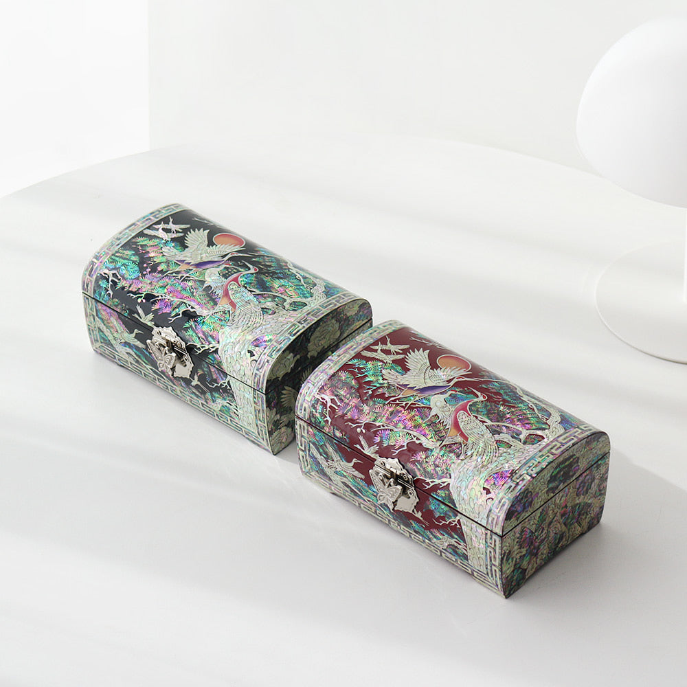 Najeonchilgi Pine & Crane Rounded Mother of Pearl Jewelry Box, 18 cm