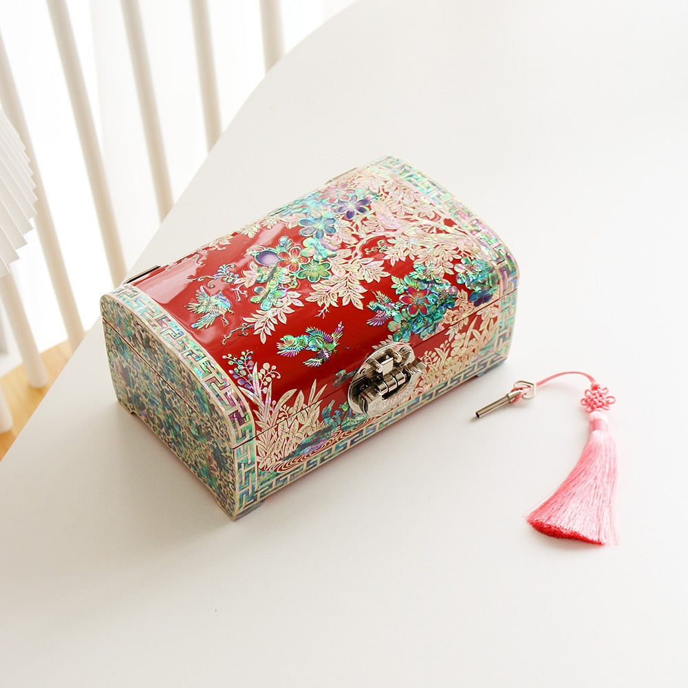 Najeonchilgi Painted Plum Blossom Rounded Mother of Pearl Jewelry Box, 21 cm