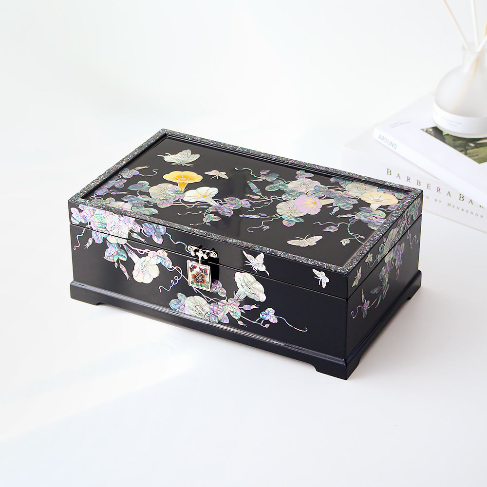 Masterpiece Najeonchilgi Flower Painted Flowers 2-Tier Mother of Pearl Jewelry Box, 30 cm