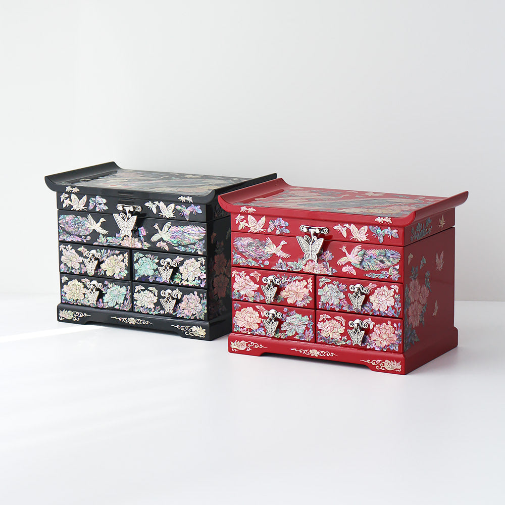 Najeonchilgi Peacock Flower 4-Tier Drawer Mother of Pearl Jewelry Box (Medium)