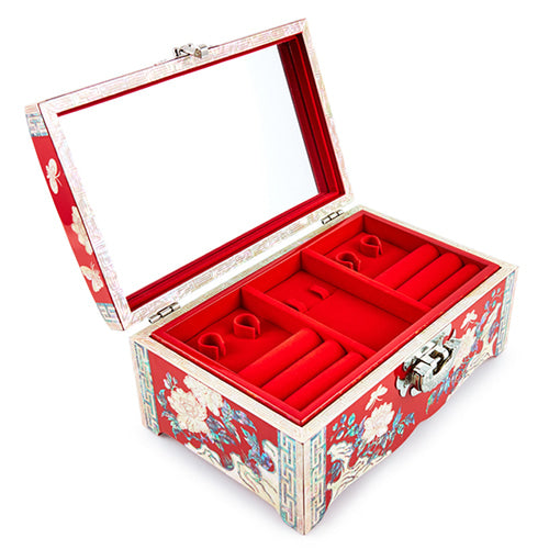 Peony Straight Rounded Mother of Pearl Jewelry Box (No. 8, Red)