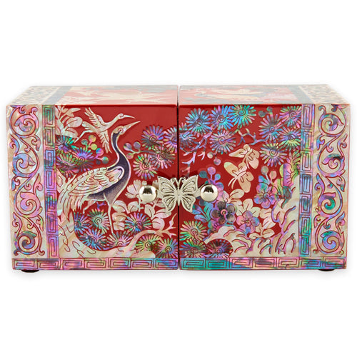 Square Crane & Pine Double Lidded Mother of Pearl Jewelry Box (소 - Red, Black)