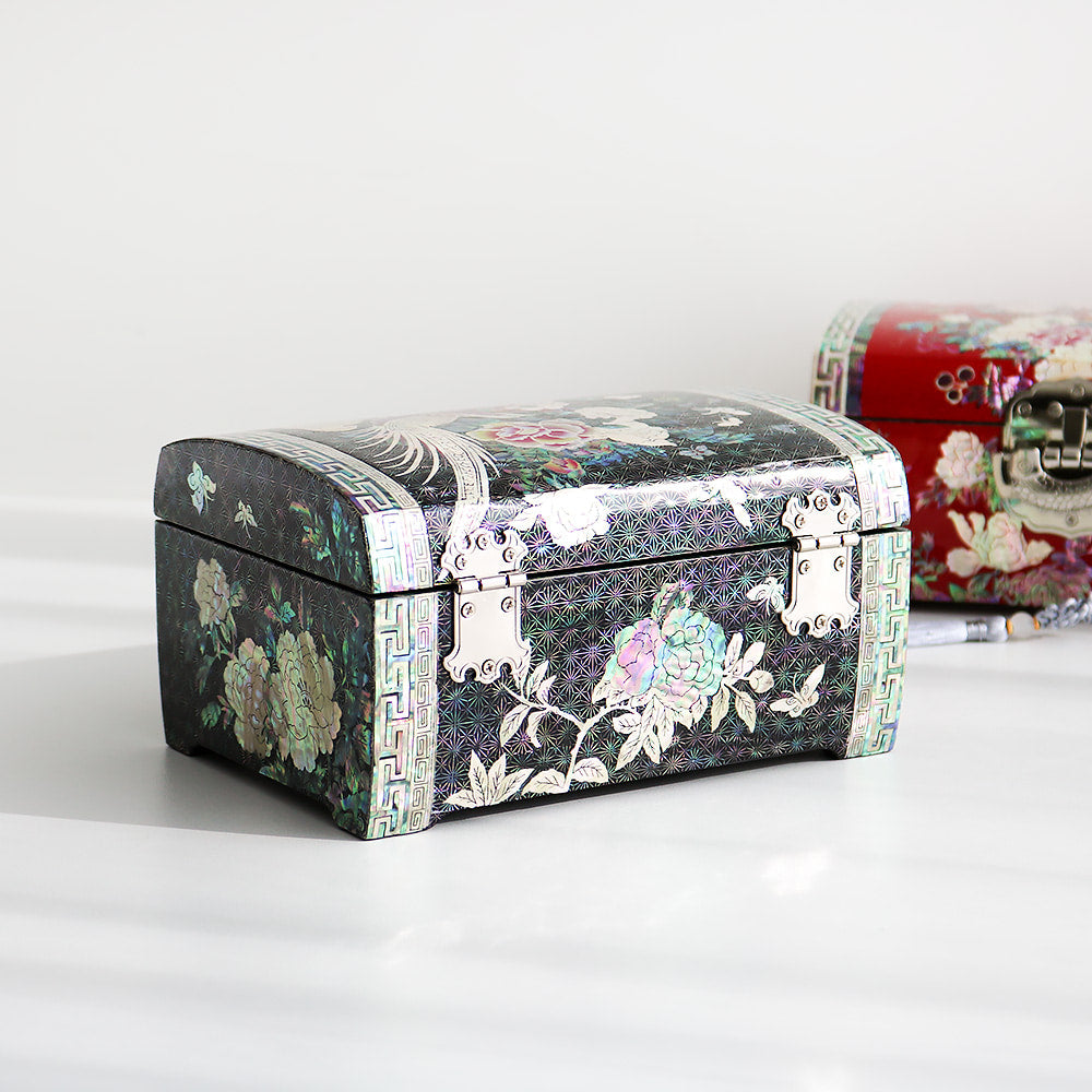 Premium Golden Pheasant Butterfly Peony Rounded Mother of Pearl Jewelry Box Yedan Wedding Gift Box Najeonchilgi, 18 cm
