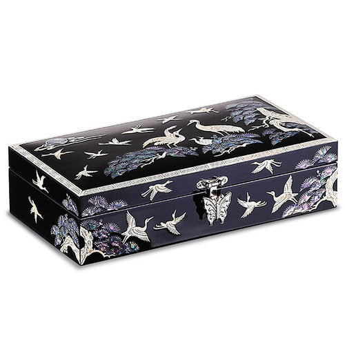 Crane & Pine Border Black Mother of Pearl 1-Tier Wedding Gift Box & Jewelry Box - Oh Myung - Ho