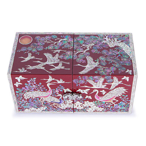 Crane & Pine Double Lidded Mother of Pearl Jewelry Box (Red, Large)