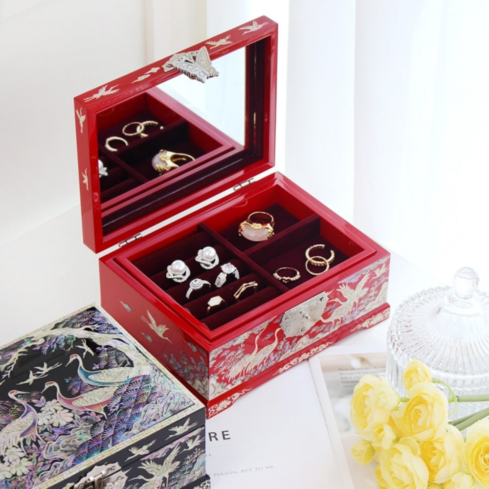 Najeonchilgi Painted Pine & Crane Mother of Pearl Jewelry Box, 18 cm