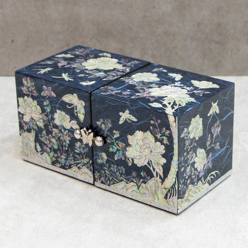 Peony Hanji Double Lidded Mother of Pearl Jewelry Box (Medium, Blue)
