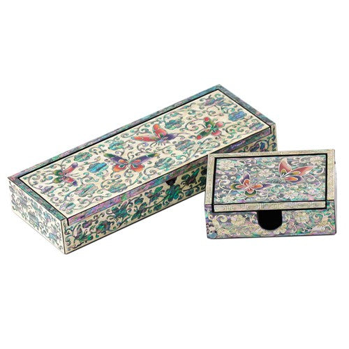 Auto-Slide Square Business Card & Pen Holder Set — Butterfly and Peony Patterns - OF0238