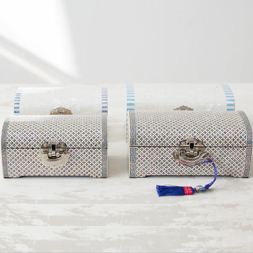 Seven Treasures mother-of-pearl jewelry boxes shown in two sizes for comparison