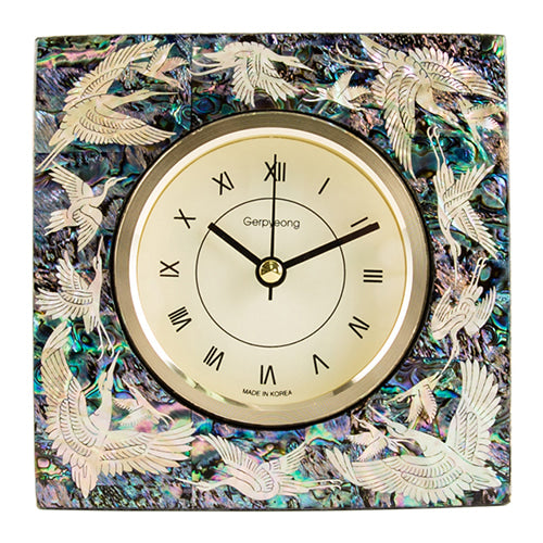 Najeon Chilgi Mother of Pearl Desk Clock — Crane Pattern (Symbol of Longevity) - DE0124