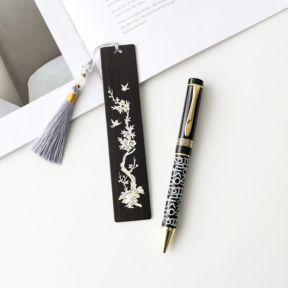 Wood Bookmark Hangul Lattice Mother of Pearl Pen (Lower Inlay) 2 Bell Set