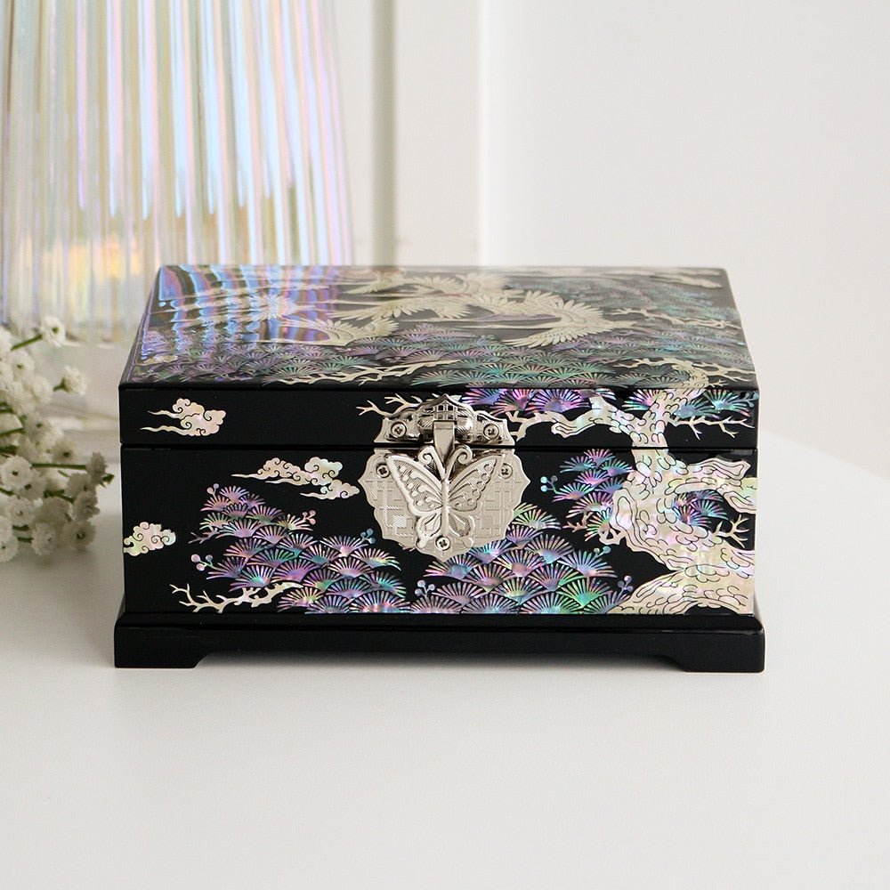 Najeonchilgi Pine & Crane Mother of Pearl Jewelry Box Black, 18 cm