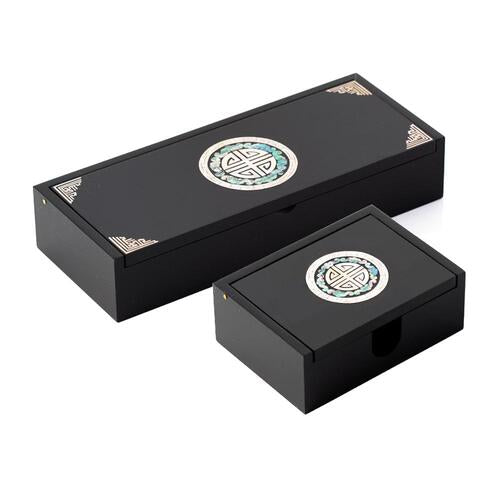 Inlaid Auto-Slide Business Card & Pen Holder Set — Double Cranes, Cloud Cranes & Arabesque Patterns - OF0236