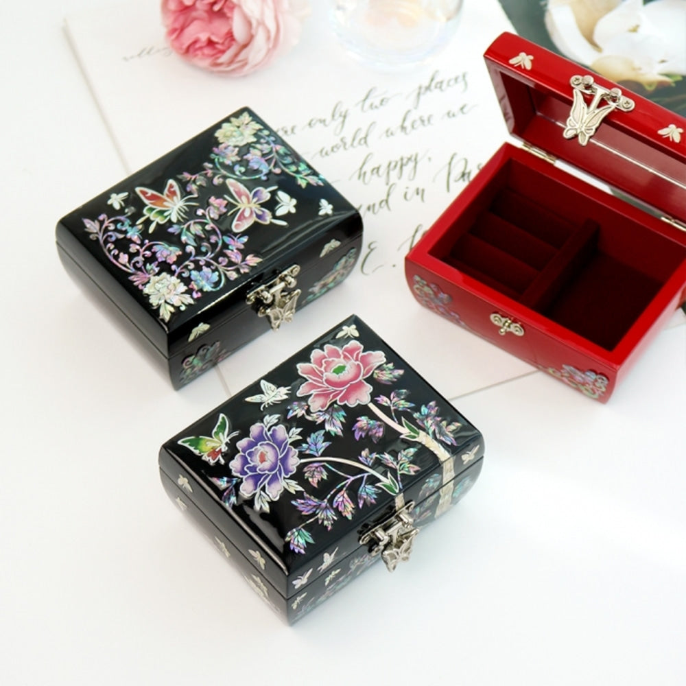 Mother of Pearl Rounded Mini Najeon Jewelry Box (Butterfly Peony) Jewelry Box Keepsake Ring Box, 11 cm