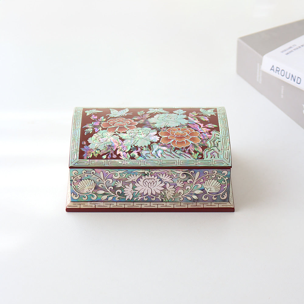 Najeonchilgi Peony & Butterfly Auto-Open Mother of Pearl Business Card Case (Red)