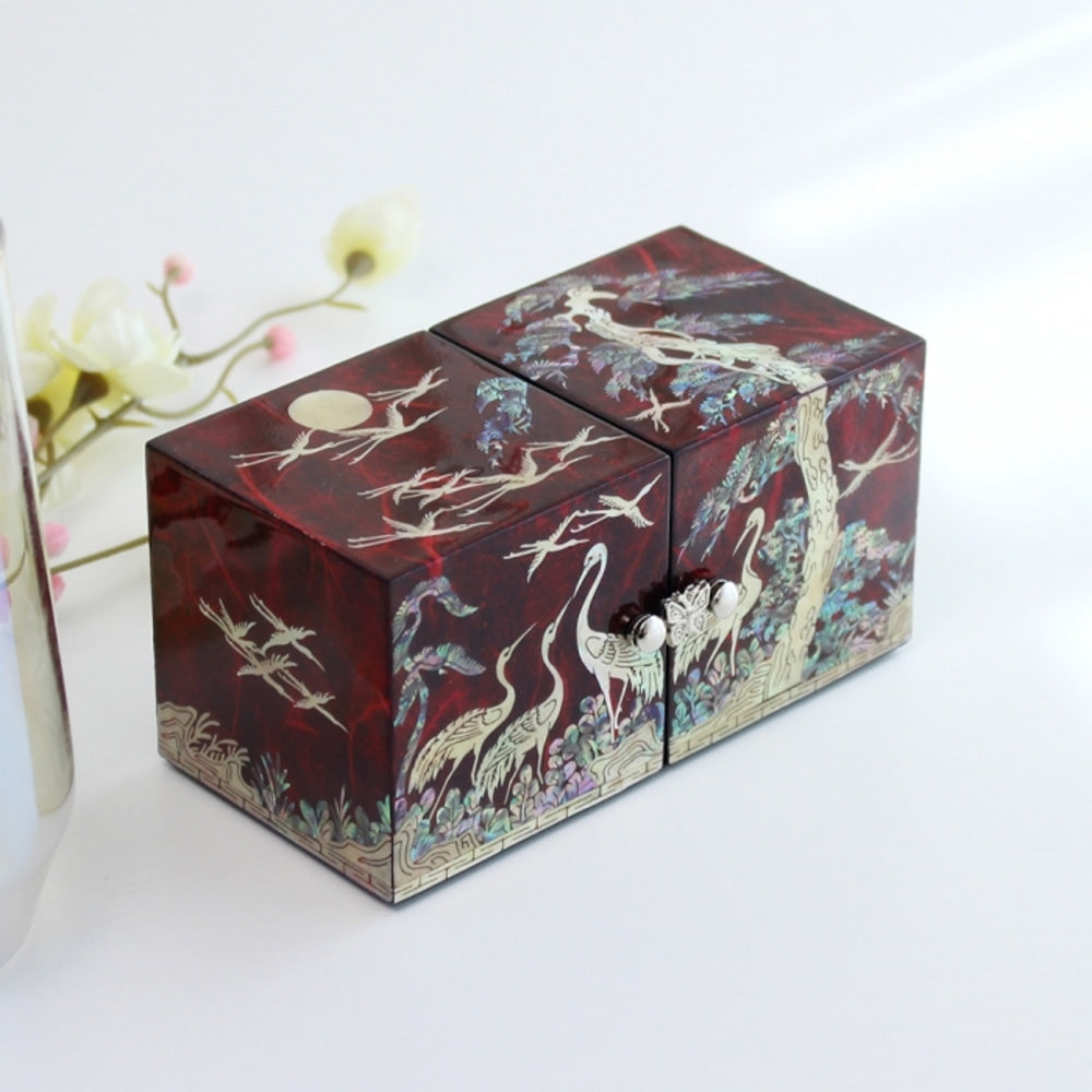 Hanji Mini Mother of Pearl Double-Lidded Small (Pine & Crane) Secret Jewelry Box