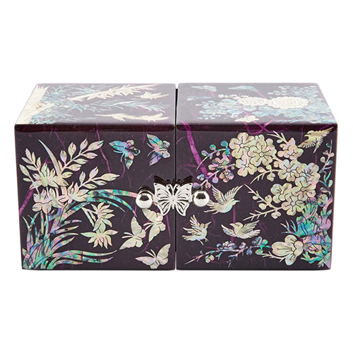 Four Gracious Plants Hanji Double Lidded Mother of Pearl Jewelry Box (Medium, Glossy, Purple)