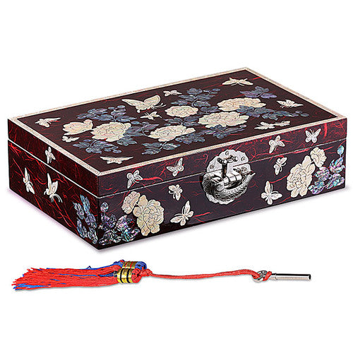 Peony Border Red 1-Tier Mother of Pearl Jewelry Box - Oh Myung - Ho