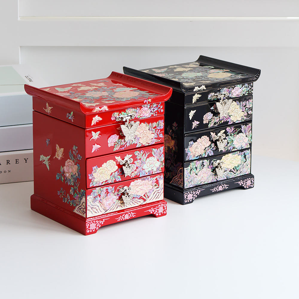 Vivid Peony 2-Tier Drawer Mother of Pearl Jewelry Box Najeonchilgi Jewelry Box Najeon Vanity Mirror Jewelry Box Storage