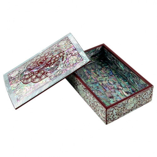 Arabesque Crane & Pine Mother of Pearl Business Card Case, Multi-Purpose Box (Red)