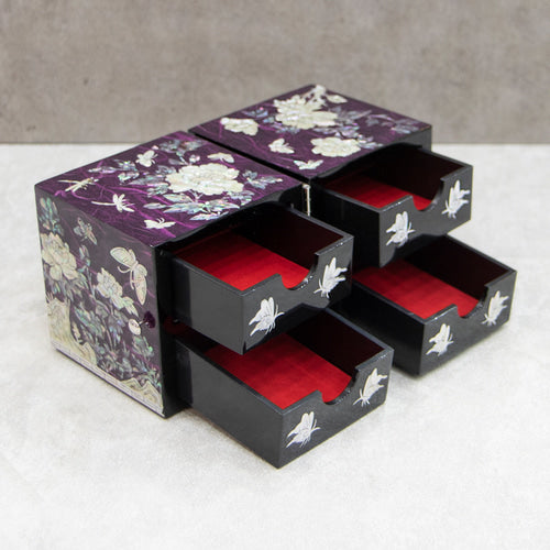 Peony Hanji Double Lidded Mother of Pearl Jewelry Box (Medium, Purple)