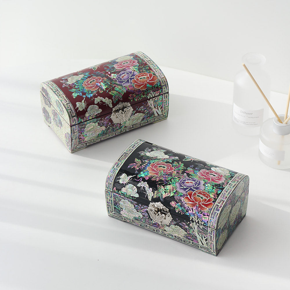 Najeonchilgi Peony Garden Rounded Mother of Pearl Jewelry Box, 18 cm