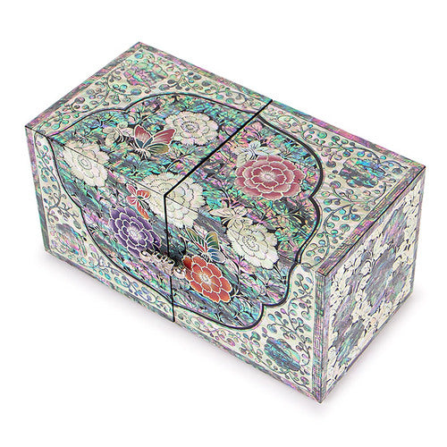 Peony Oval Border Double Lidded Mother of Pearl Jewelry Box (Large)