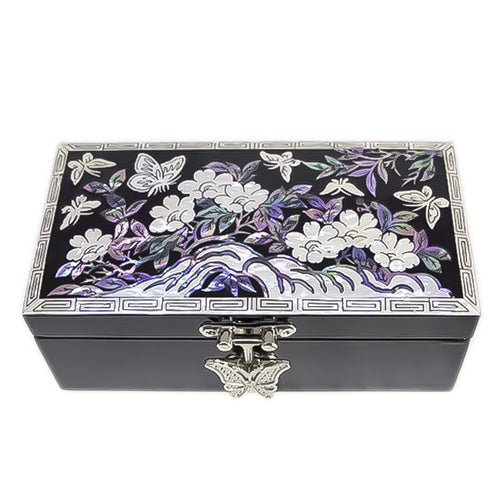 Joseon Mother of Pearl Straight - Sided Jewelry Box - Peony, Crane & Pine, Butterfly, Flowers & Birds Motif (1-Tier, Oh Myung - Ho)