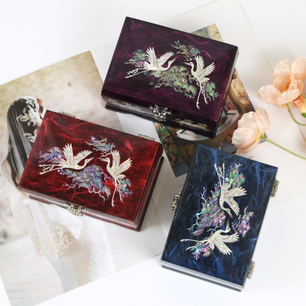 Hanji Rounded Pine & Crane Mother of Pearl Jewelry Box Keepsake Ring Box, 15 cm