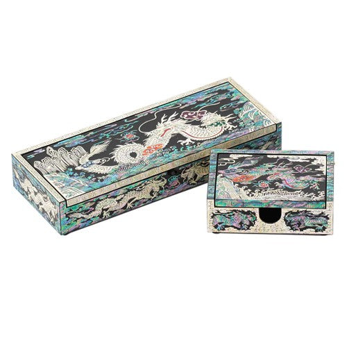 Auto-Slide Square Business Card & Pen Holder Set — Pine Crane and Dragon Patterns - OF0237