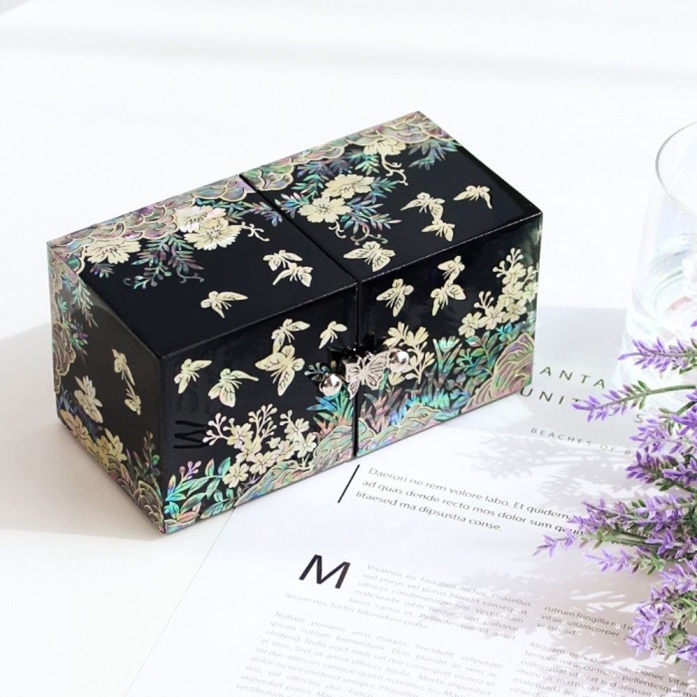 Najeonchilgi Flower Butterfly Garden Mother of Pearl Mini Double-Lidded Jewelry Box