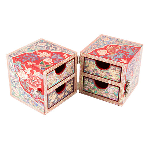 Round Peony Double Lidded Mother of Pearl Jewelry Box (Small, Red)