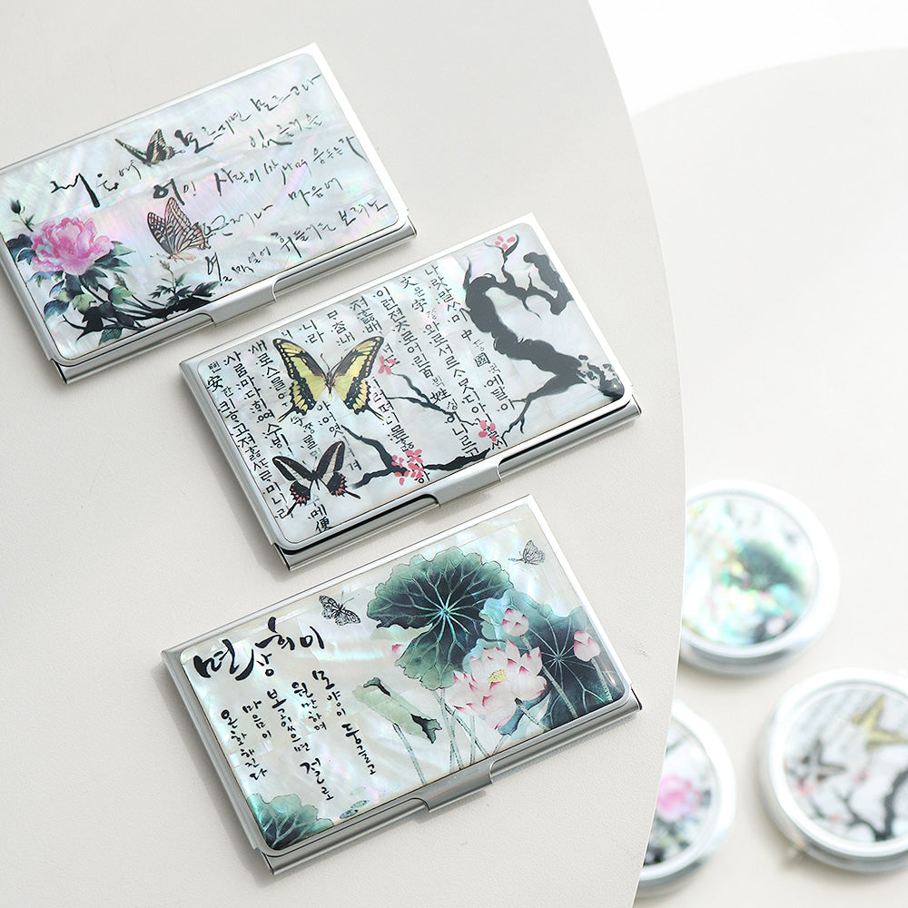 2-Piece Set: Mother of Pearl Business Card Case Mother of Pearl One-Touch Hand Mirror N