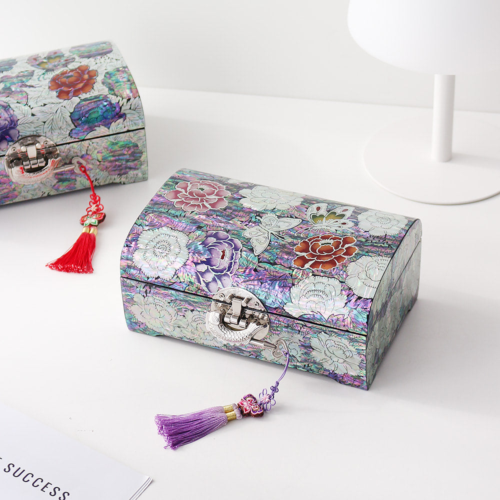 Najeonchilgi Painted Peony Rounded Joseon Style Mother of Pearl Jewelry Box, 21 cm