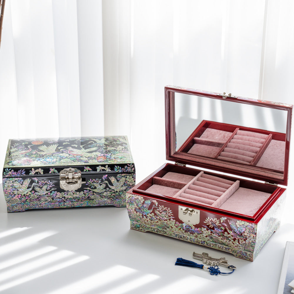 Crane & Pine Scholar 5-Drawer Mother of Pearl Jewelry Box中(Hanji, Red)