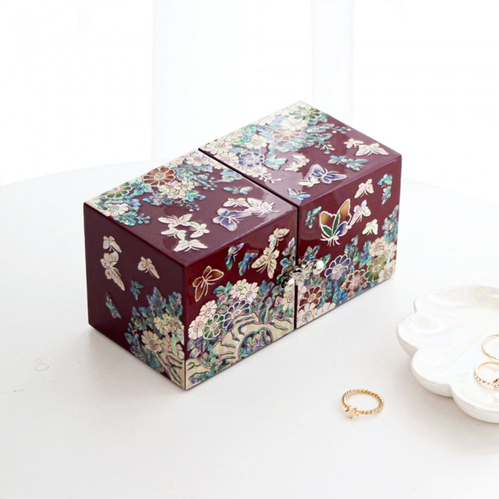 Premium Najeonchilgi Mini Double-Lidded Small (Butterfly Chrysanthemum) Secret Mother of Pearl Jewelry Box