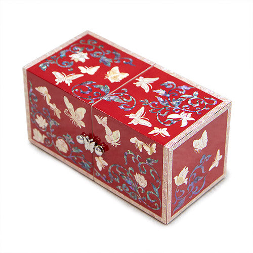Butterfly NaturalMother of Pearl Double Lidded Jewelry Box (Medium, Glossy, Red) - Oh Myung - Ho