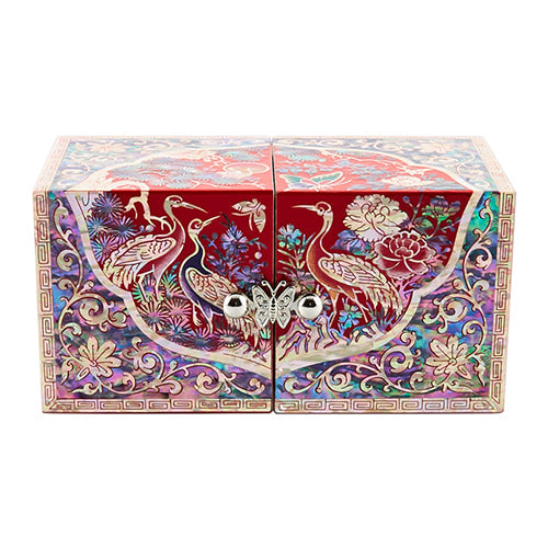 Round Crane & Pine Double Lidded Mother of Pearl Jewelry Box (Small, Red, Oh Myung - Ho)