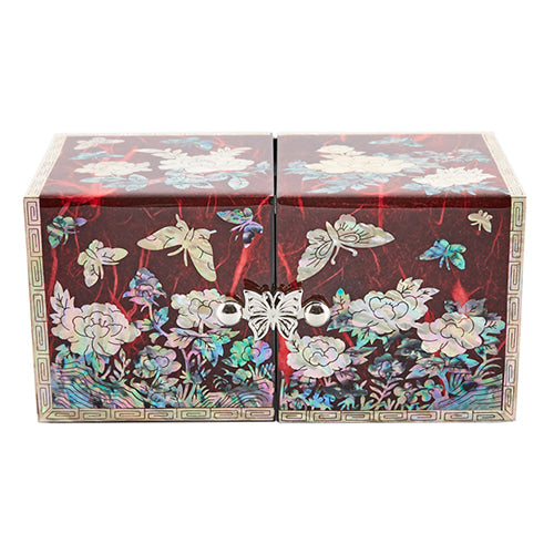 Peony Cloud Pattern Border Hanji Double Lidded Mother of Pearl Jewelry Box (Small, Glossy, Red)