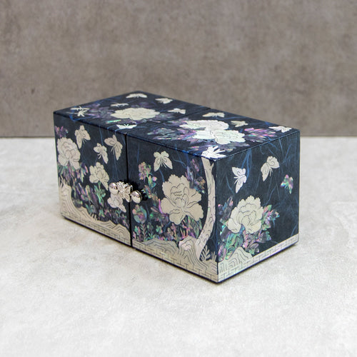Peony Hanji Double Lidded Mother of Pearl Jewelry Box (Small, Blue)