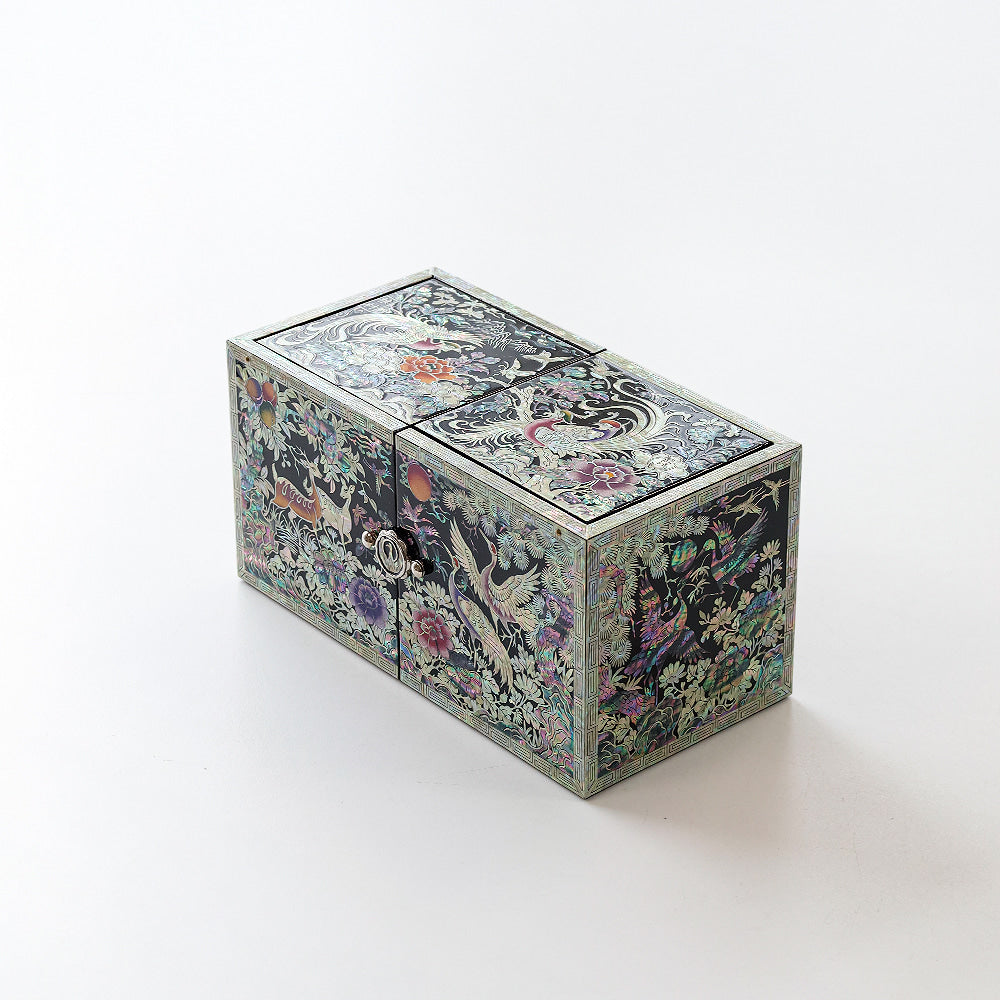 Masterpiece New Double-Lidded Golden Pheasant Large Black Mother of Pearl Jewelry Box