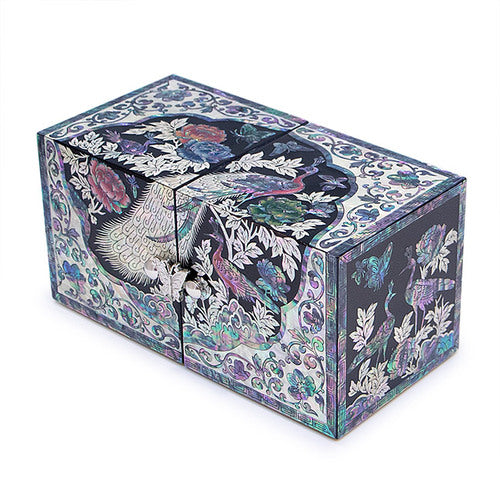 Peacock Double Lidded Mother of Pearl Jewelry Box (Medium, Black) - Oh Myung - Ho