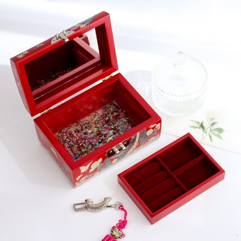 Premium 2-Tier Najeonchilgi Rounded Peony Mother of Pearl Jewelry Box, 18 cm (Master Artisan Jang Tae-bok)
