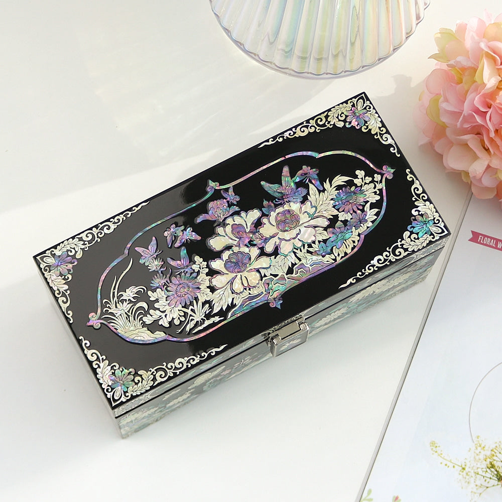 Premium Peony & Butterfly Najeonchilgi 2-Tier Mother of Pearl Jewelry Box, 24 cm (Master Artisan Hong Seok-pyo)