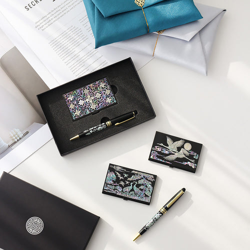 2-Piece Set: Carved Business Card Case K Mother of Pearl Pen Set