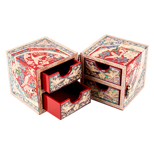 Flowers & Birds Double Lidded Mother of Pearl Jewelry Box (Large, Red)