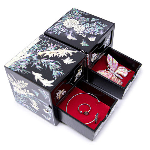 Four Gracious Plants Double Lidded Mother of Pearl Jewelry Box (Medium, Glossy, Black)