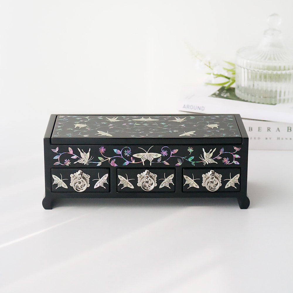 Najeonchilgi Arabesque Butterfly 3-Tier Drawer Mother of Pearl Jewelry Box, 23 cm